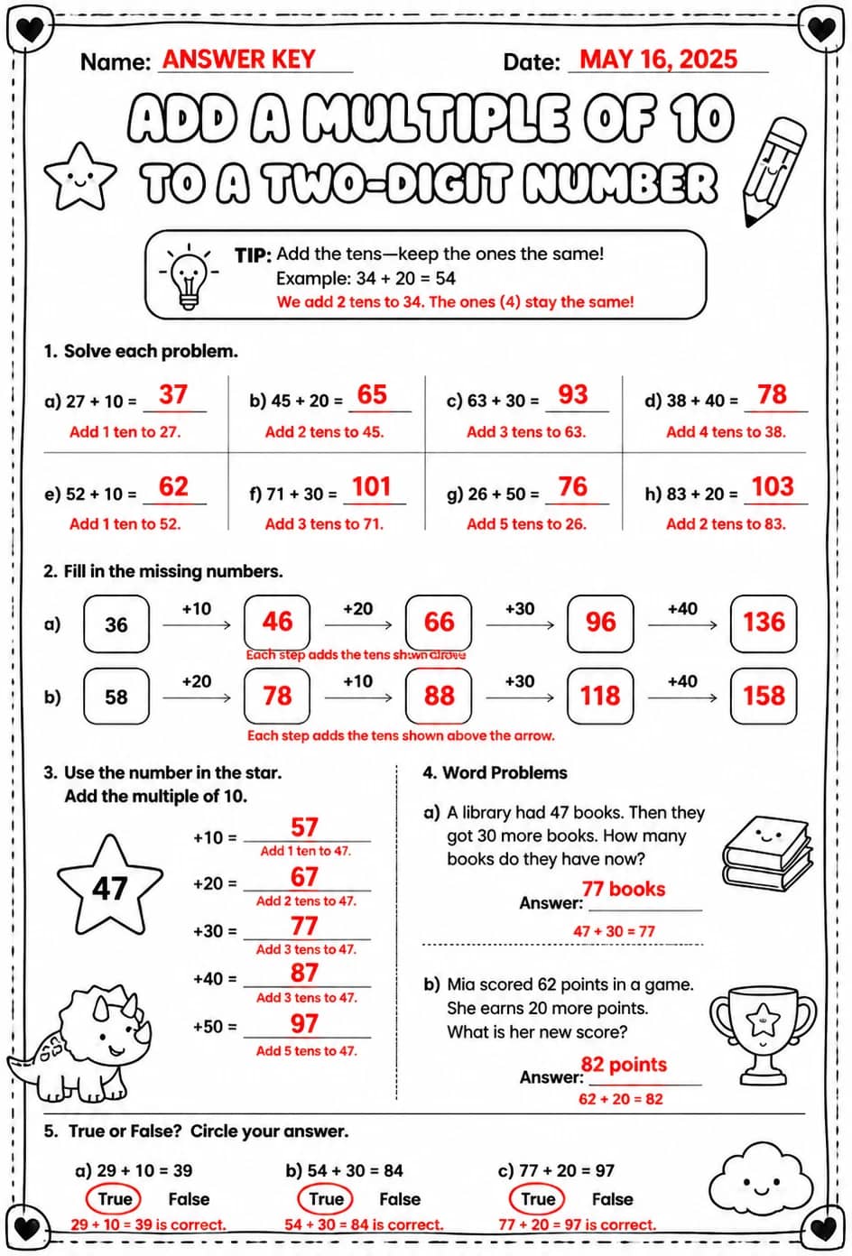 Answer key for Add a multiple of 10 to a two-digit number — free printable Math worksheet