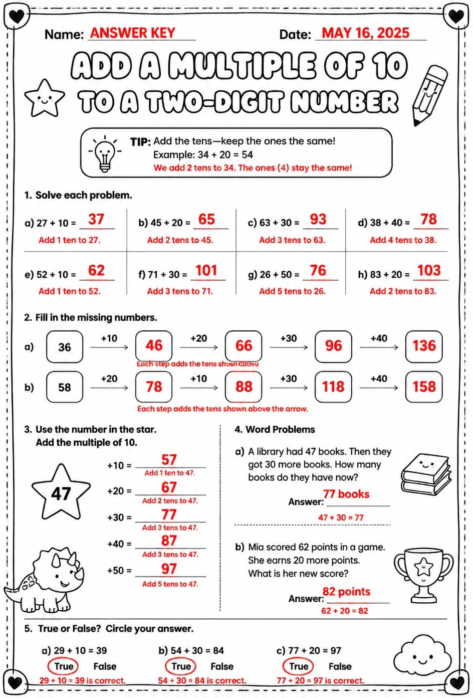 Answer key for Add a multiple of 10 to a two-digit number — free printable Math worksheet