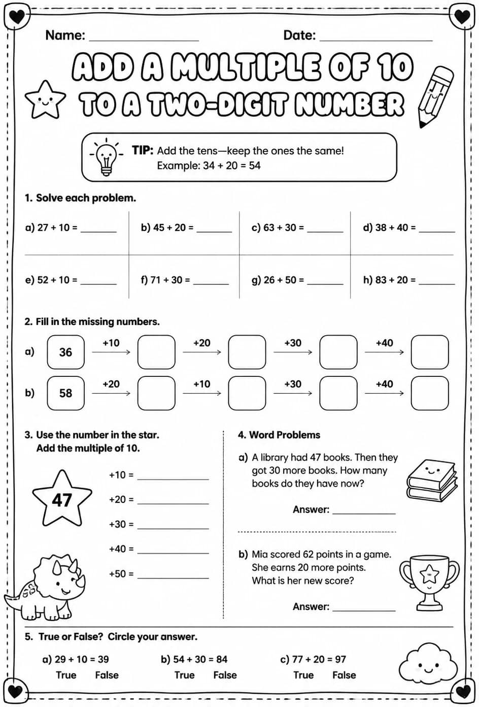 Add a multiple of 10 to a two-digit number — free printable Grade 2 math worksheet
