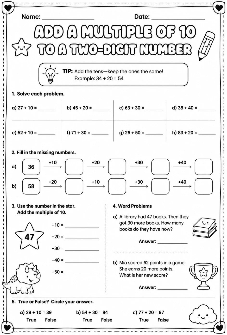 Add a multiple of 10 to a two-digit number — free printable Grade 2 math worksheet