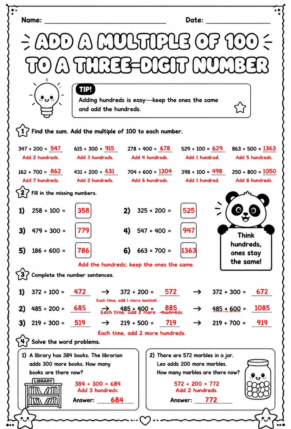 Answer key for Add a multiple of 100 to a three-digit number — free printable Math worksheet