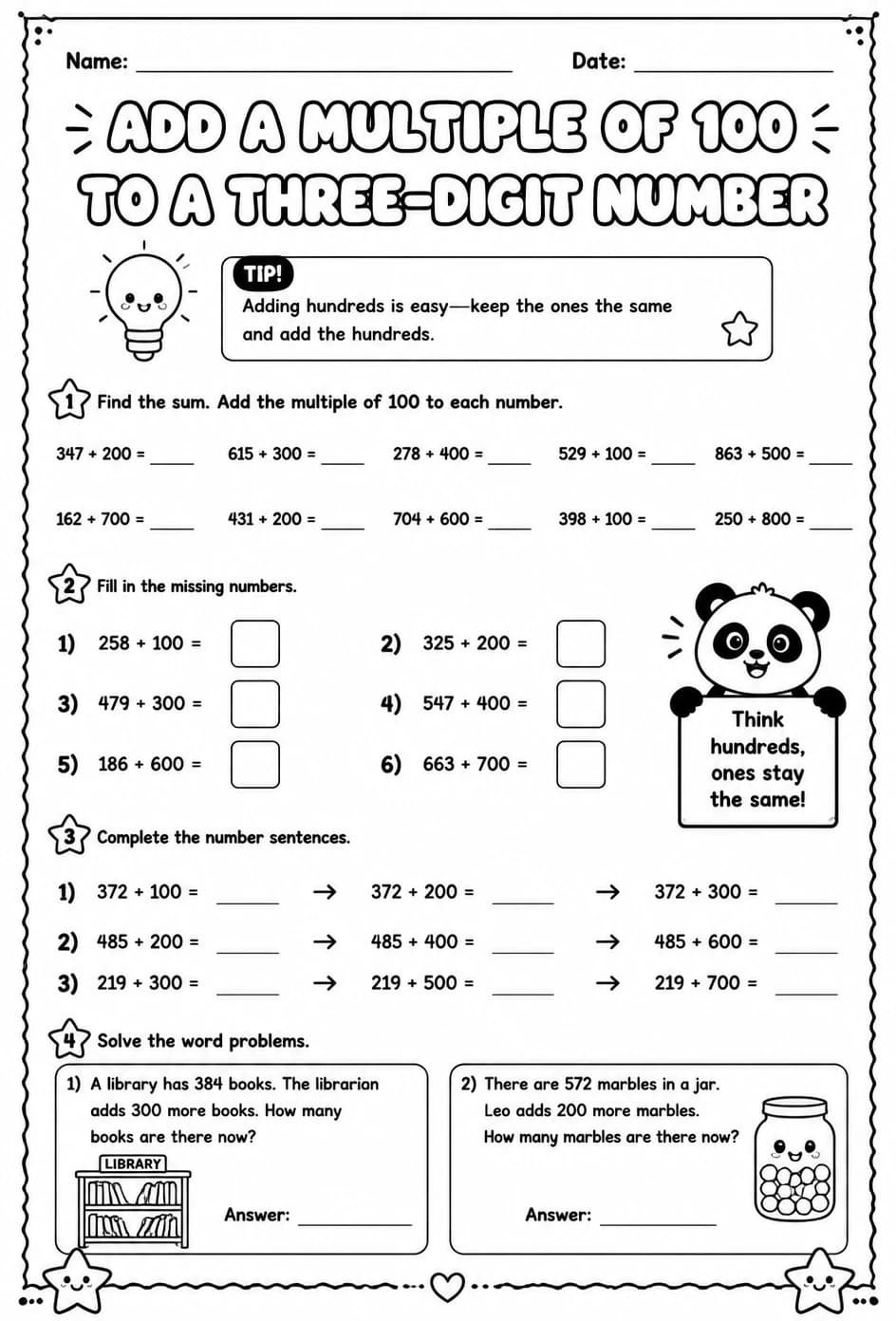 Add a multiple of 100 to a three-digit number — free printable Grade 2 math worksheet