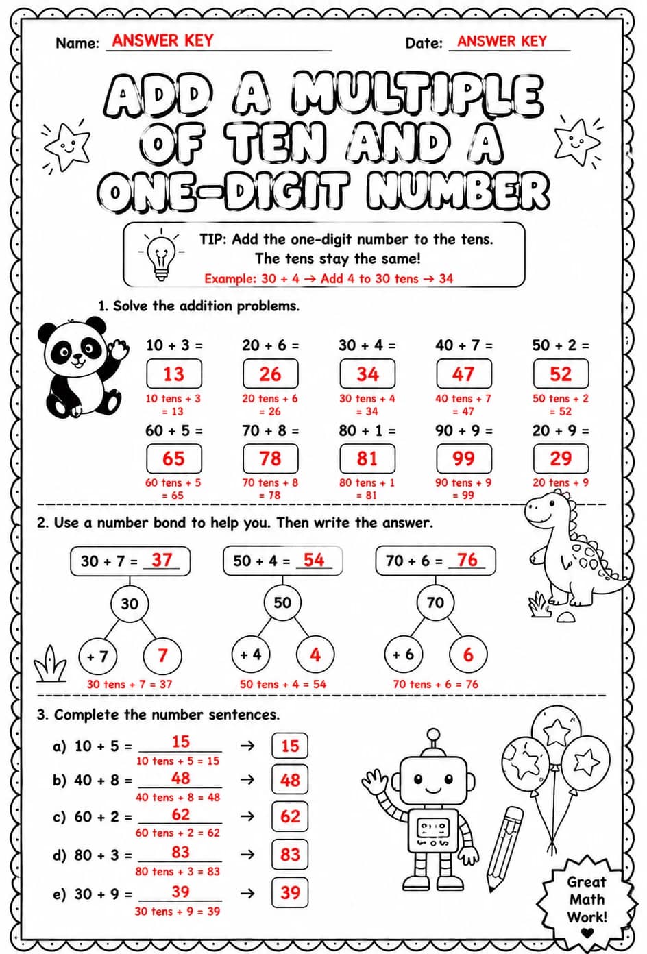 Answer key for Add a multiple of ten and a one-digit number — free printable Math worksheet