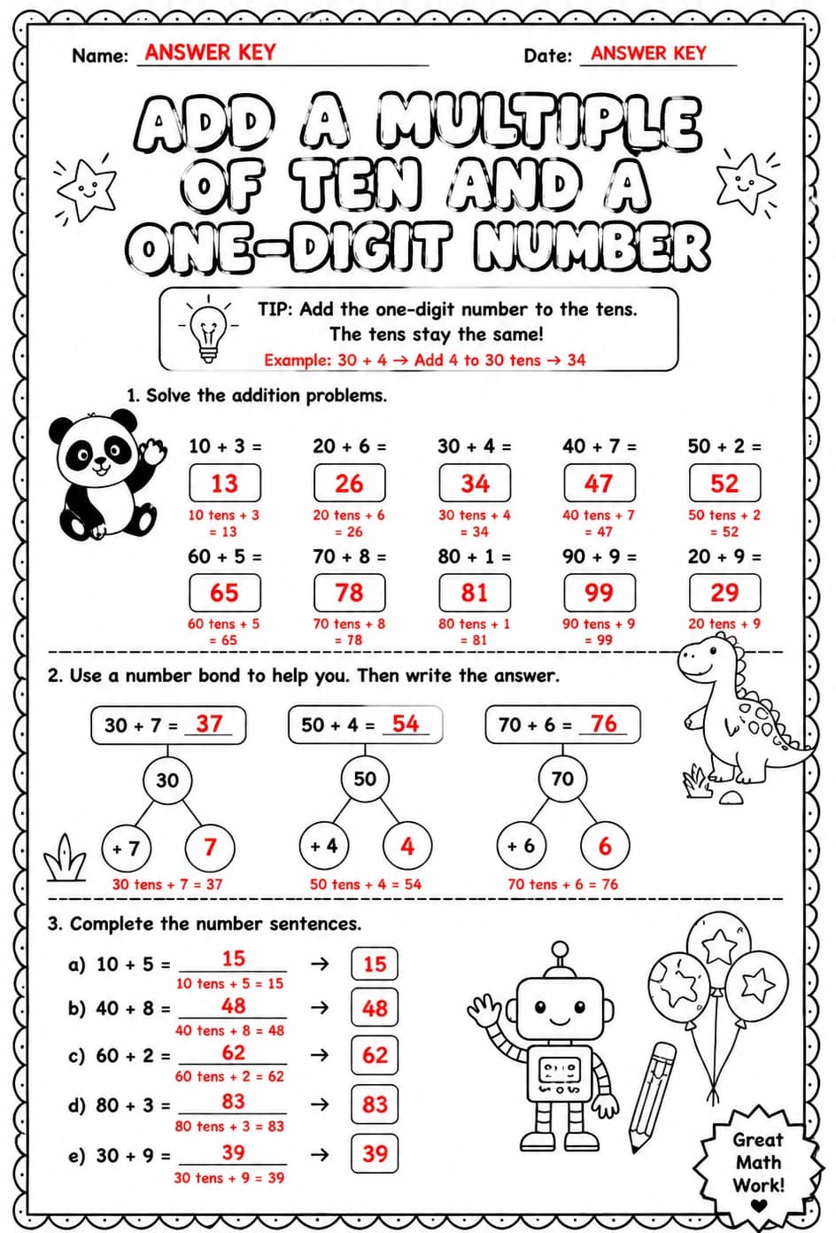 Answer key for Add a multiple of ten and a one-digit number — free printable Math worksheet