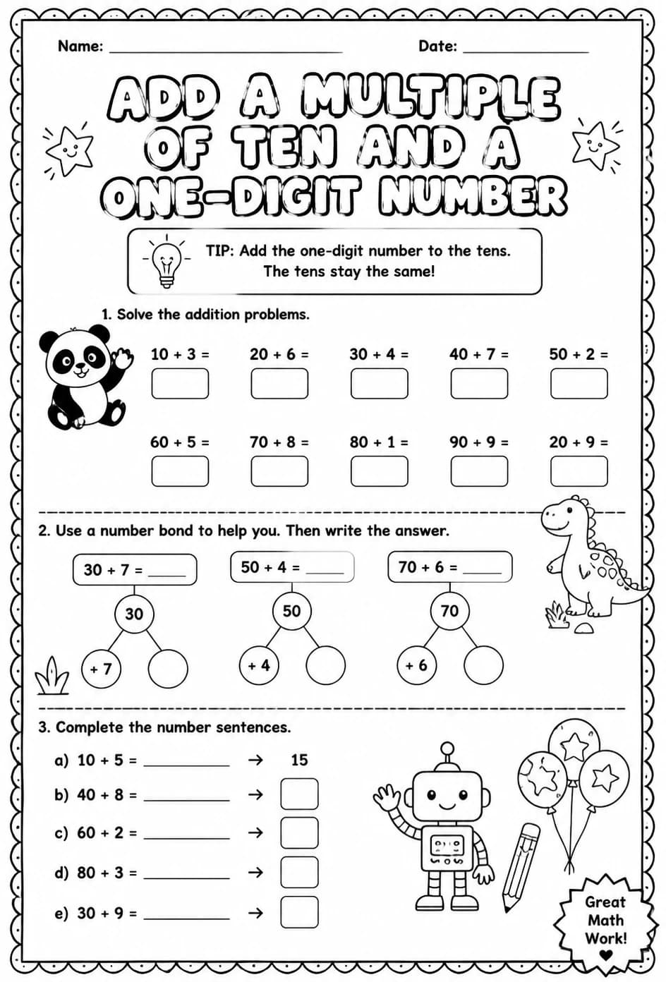 Add a multiple of ten and a one-digit number — free printable Grade 1 math worksheet