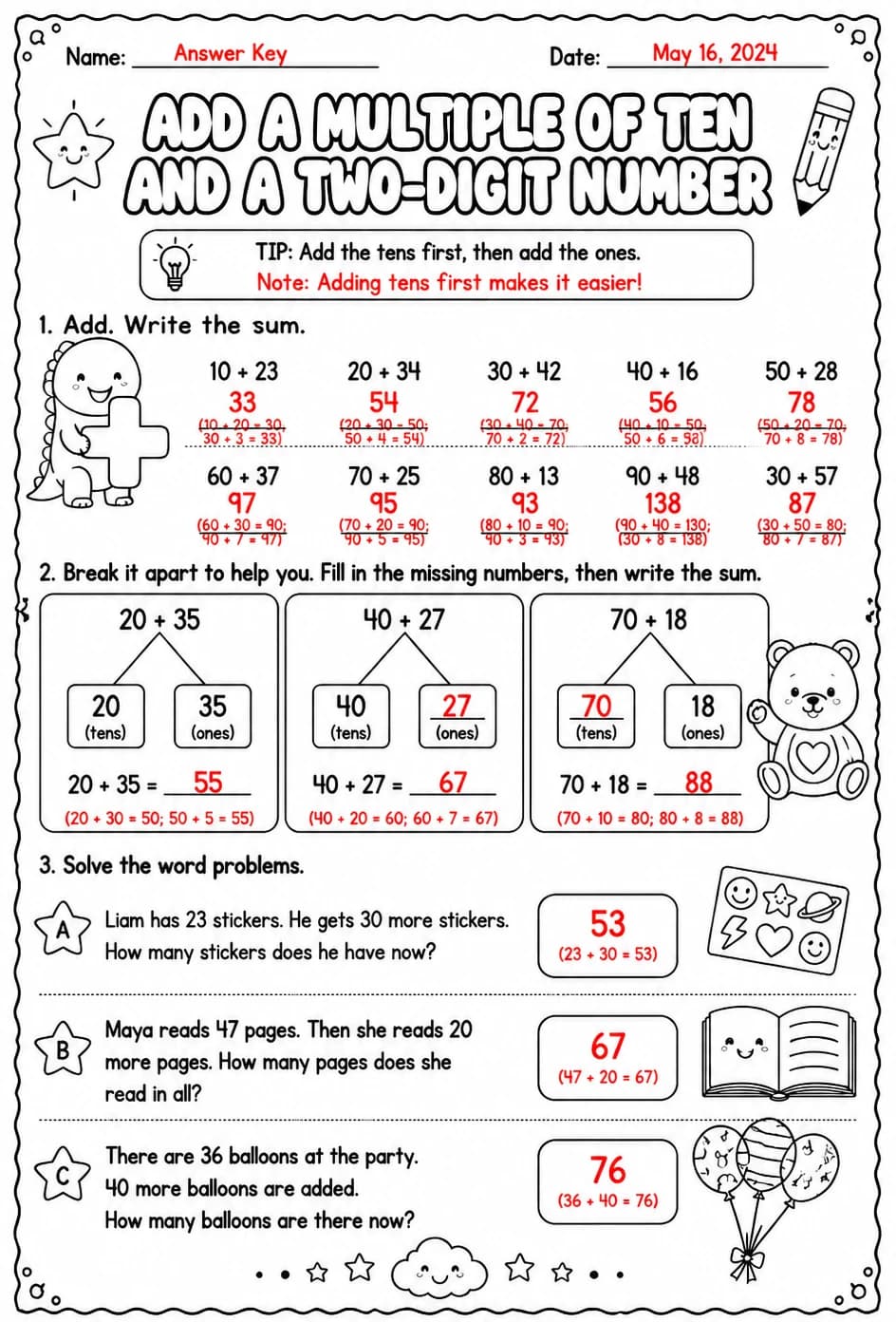 Answer key for Add a multiple of ten and a two-digit number — free printable Math worksheet