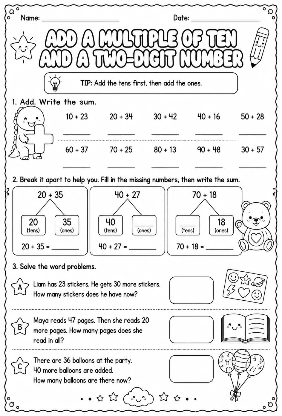 Add a multiple of ten and a two-digit number — free printable Grade 1 math worksheet
