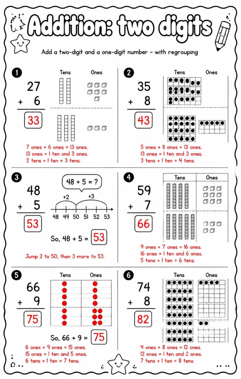 Answer key for Add a two-digit and a one-digit number - with regrouping — free printable Math worksheet