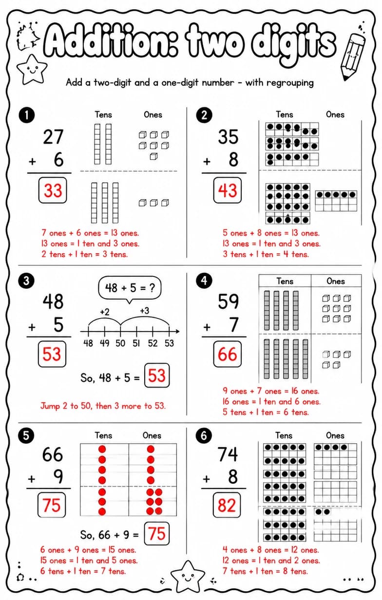 Answer key for Add a two-digit and a one-digit number - with regrouping — free printable Math worksheet