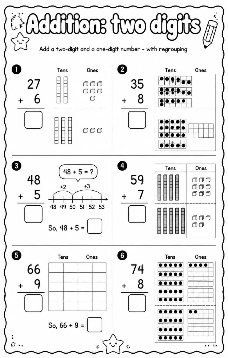 Add a two-digit and a one-digit number - with regrouping — free printable Grade 1 math worksheet