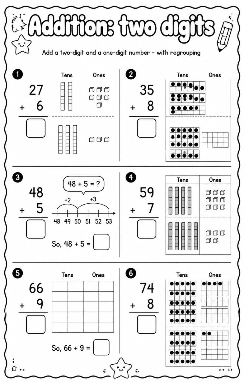 Add a two-digit and a one-digit number - with regrouping — free printable Grade 1 Math worksheet