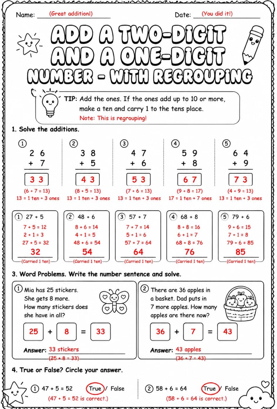 Answer key for Add a two-digit and a one-digit number - with regrouping — free printable Math worksheet