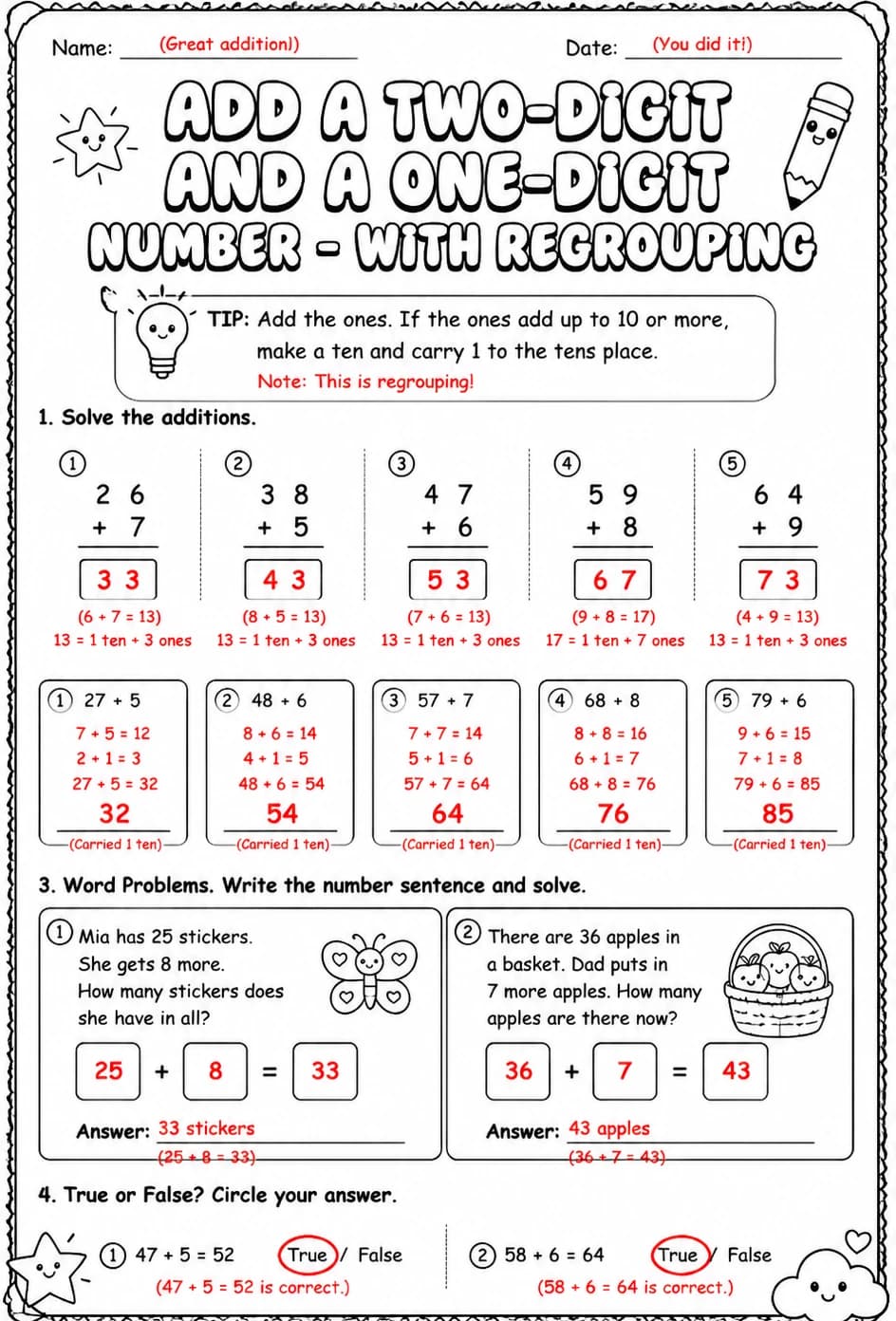 Answer key for Add a two-digit and a one-digit number - with regrouping — free printable Math worksheet