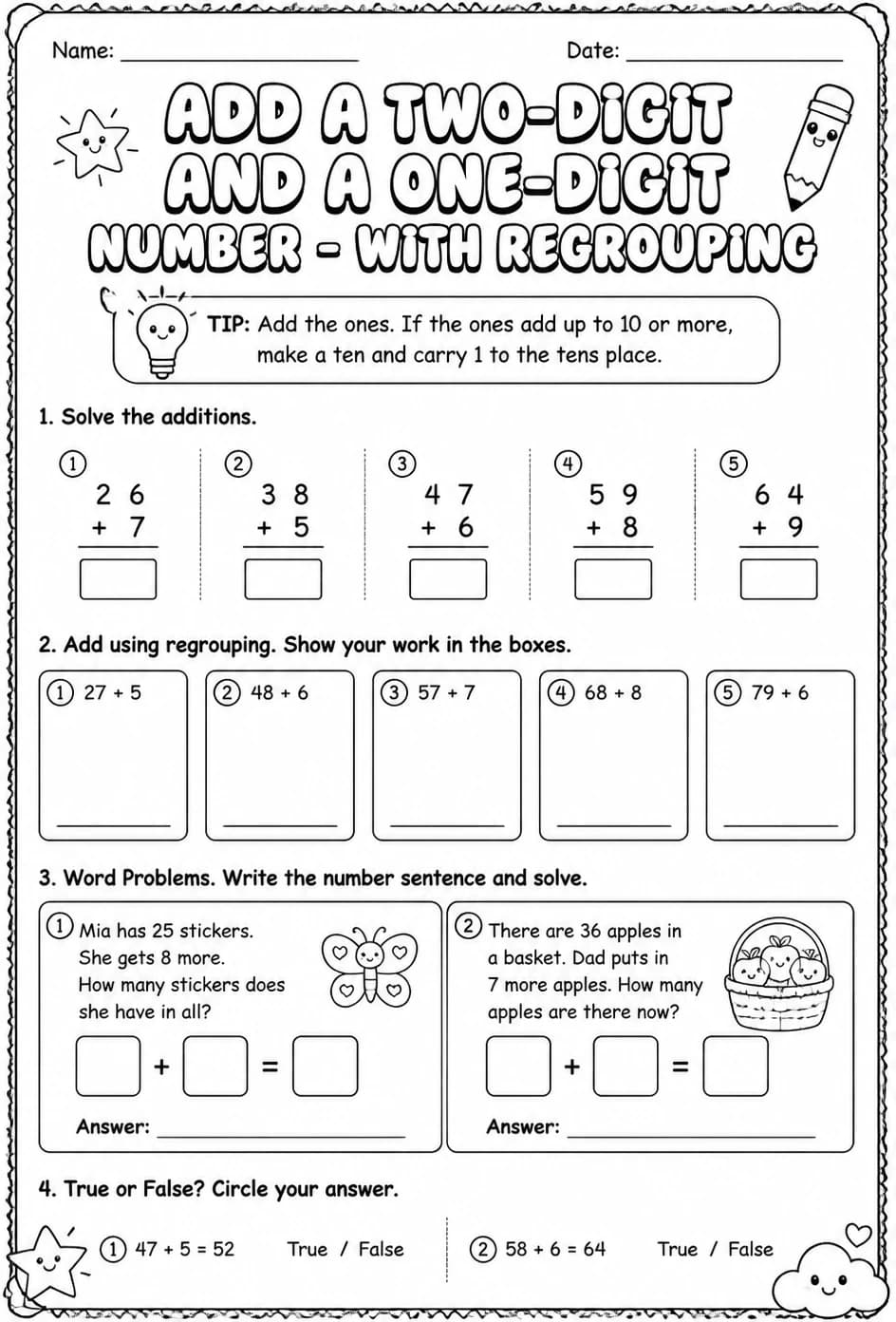 Add a two-digit and a one-digit number - with regrouping — free printable Grade 2 math worksheet