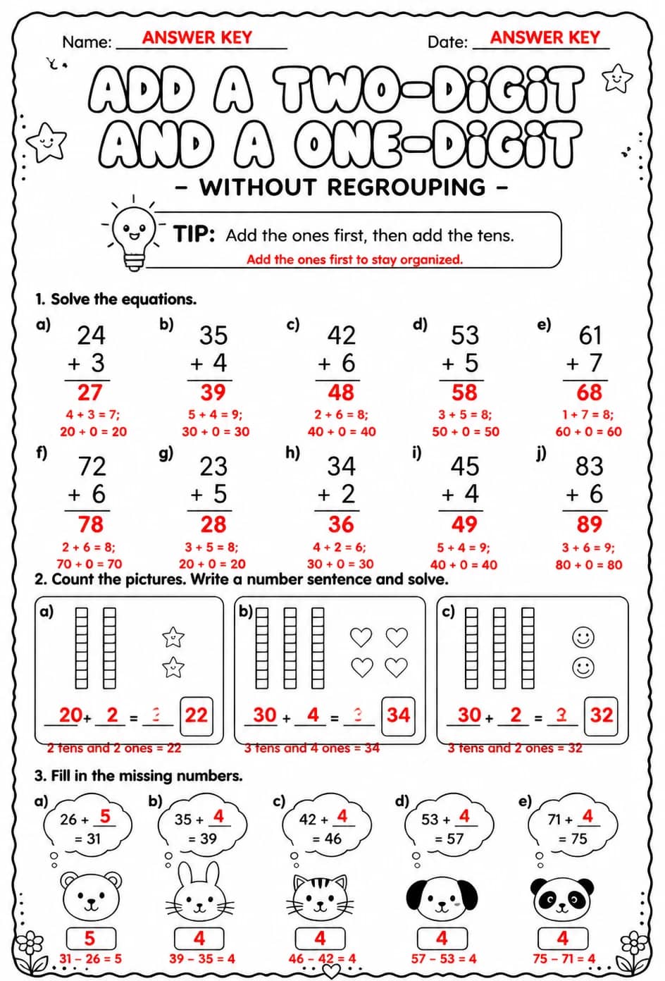 Answer key for Add a two-digit and a one-digit number - without regrouping — free printable Math worksheet