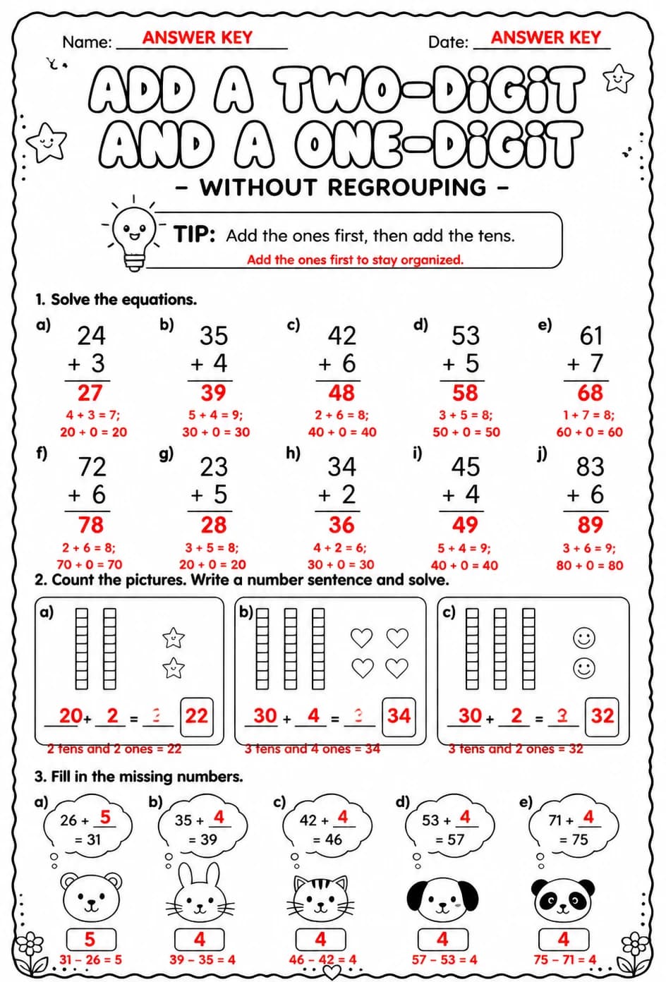 Answer key for Add a two-digit and a one-digit number - without regrouping — free printable Math worksheet
