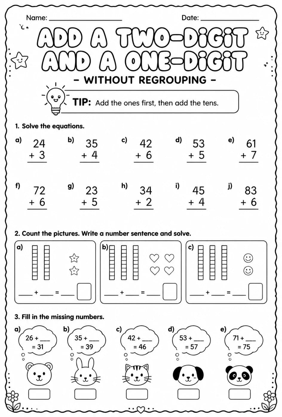 Add a two-digit and a one-digit number - without regrouping — free printable Grade 1 math worksheet