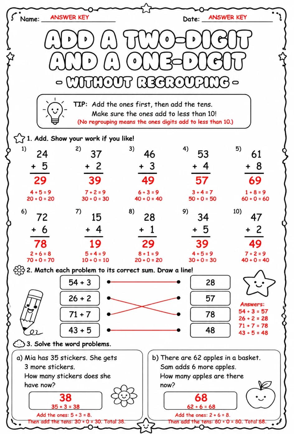 Answer key for Add a two-digit and a one-digit number - without regrouping — free printable Math worksheet