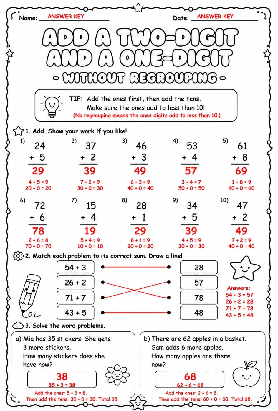 Answer key for Add a two-digit and a one-digit number - without regrouping — free printable Math worksheet
