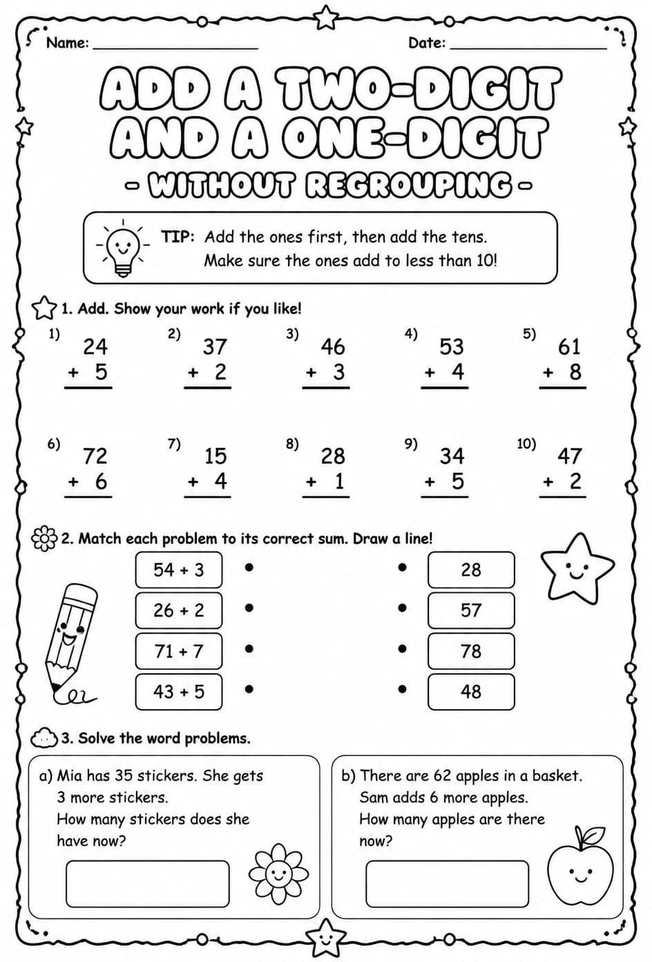 Add a two-digit and a one-digit number - without regrouping — free printable Grade 2 math worksheet