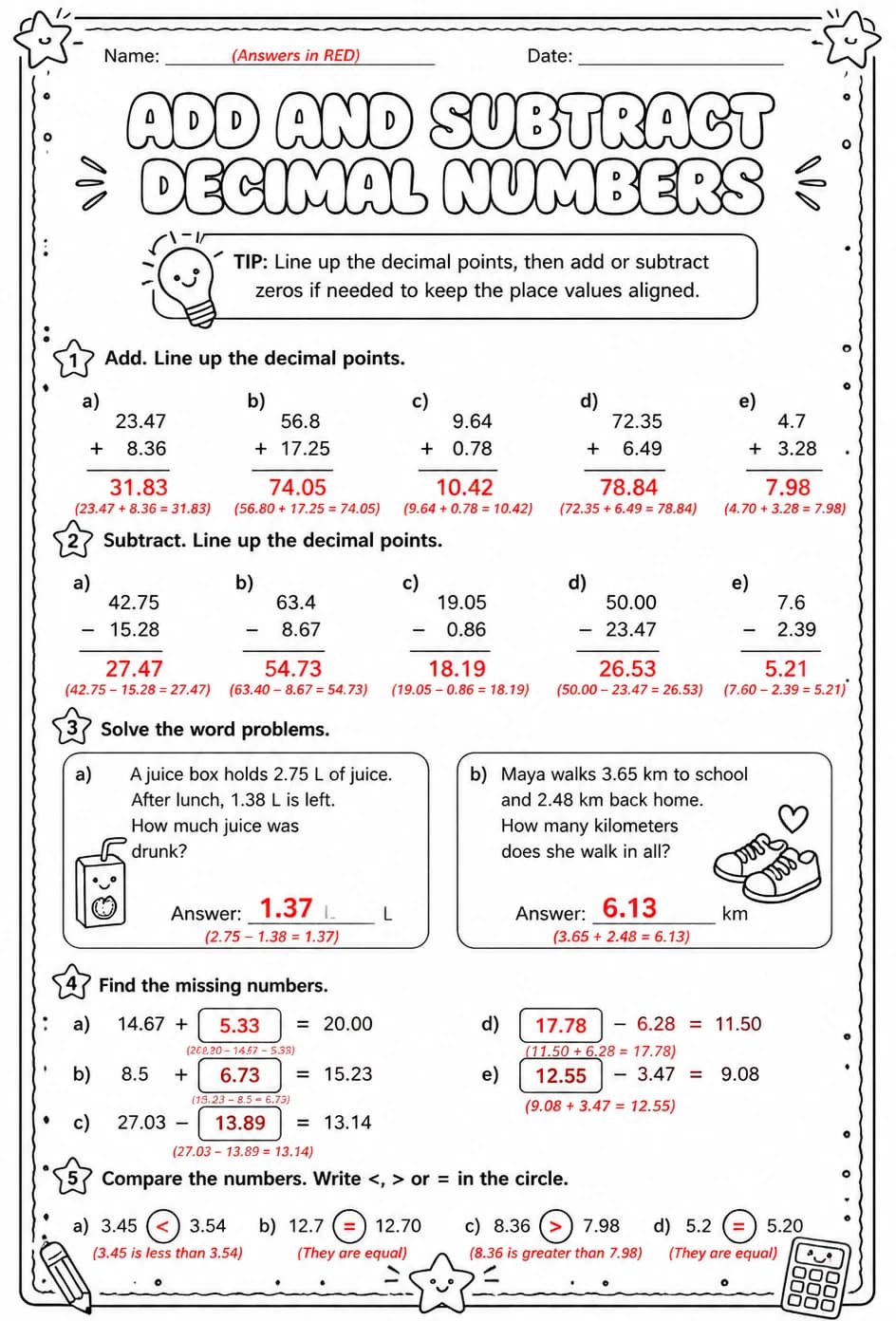 Answer key for Add and subtract decimal numbers — free printable Math worksheet