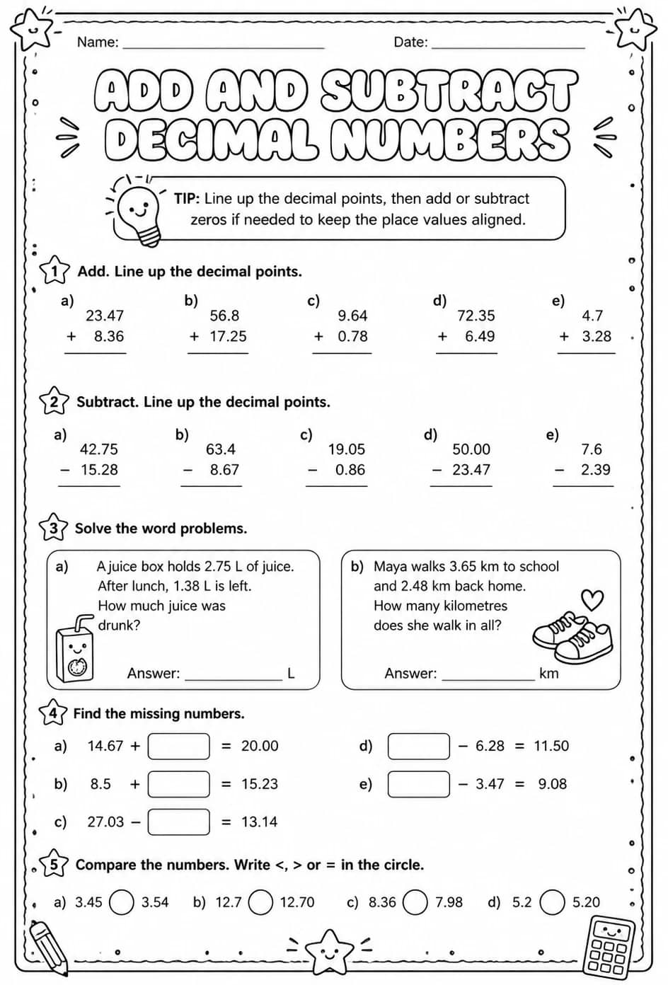 Add and subtract decimal numbers — free printable Grade 5 math worksheet