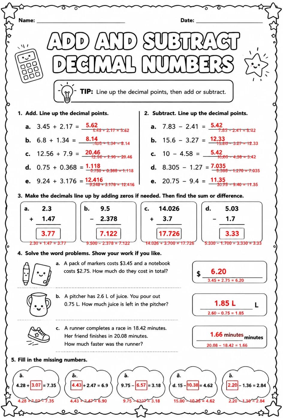 Answer key for Add and subtract decimal numbers — free printable Math worksheet