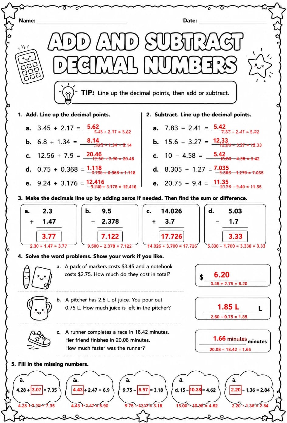 Answer key for Add and subtract decimal numbers — free printable Math worksheet