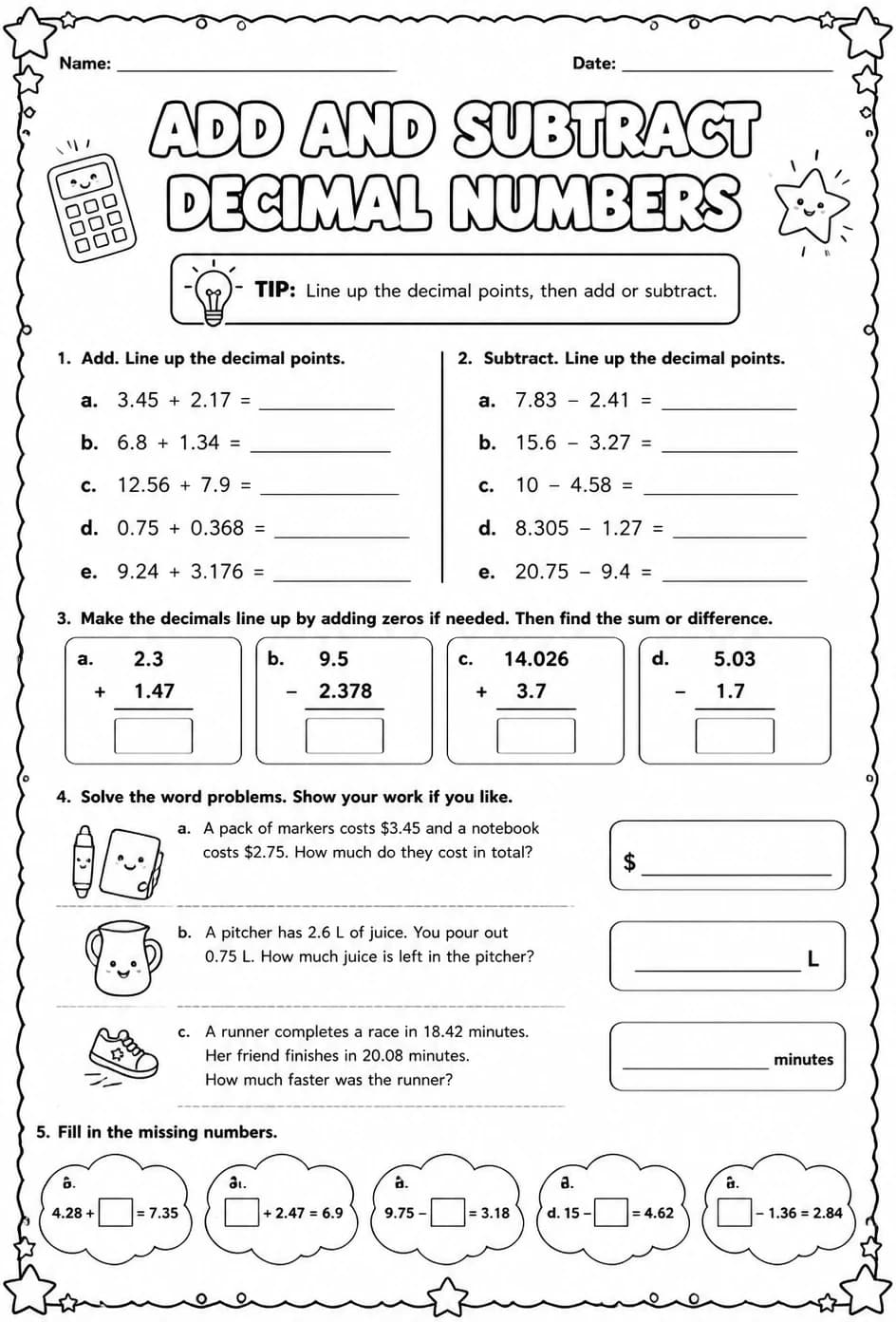 Add and subtract decimal numbers — free printable Grade 6 math worksheet