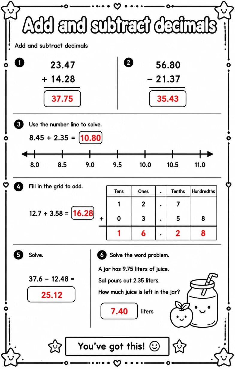 Answer key for Add and subtract decimals — free printable Math worksheet