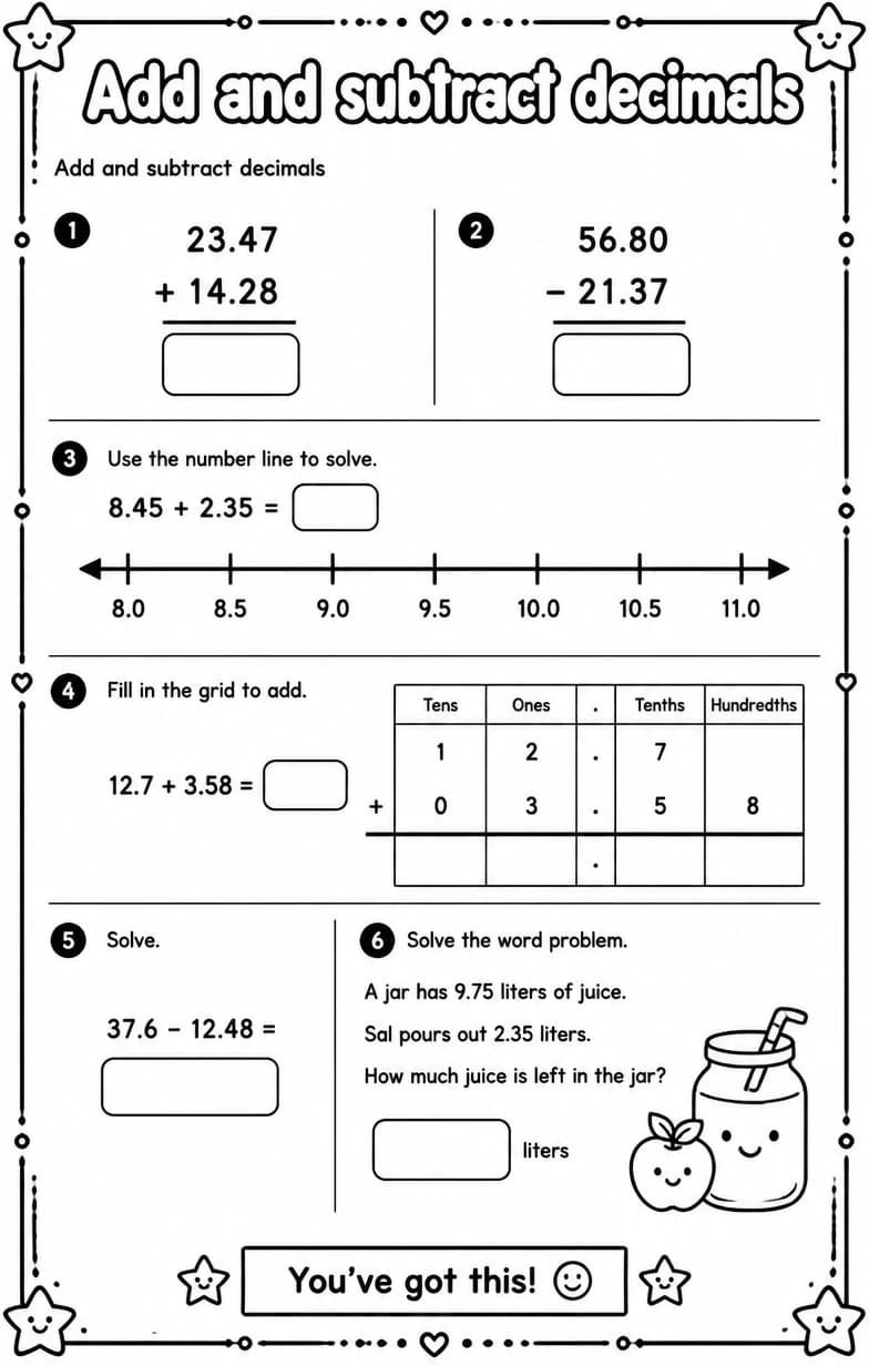 Add and subtract decimals — free printable Grade 4 Math worksheet