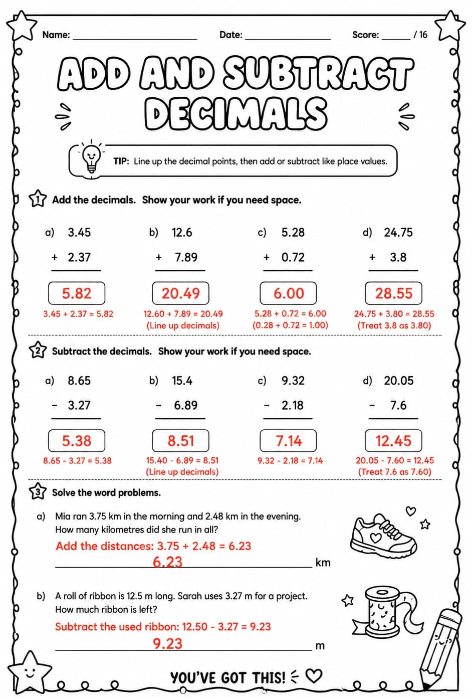 Answer key for Add and subtract decimals — free printable Math worksheet