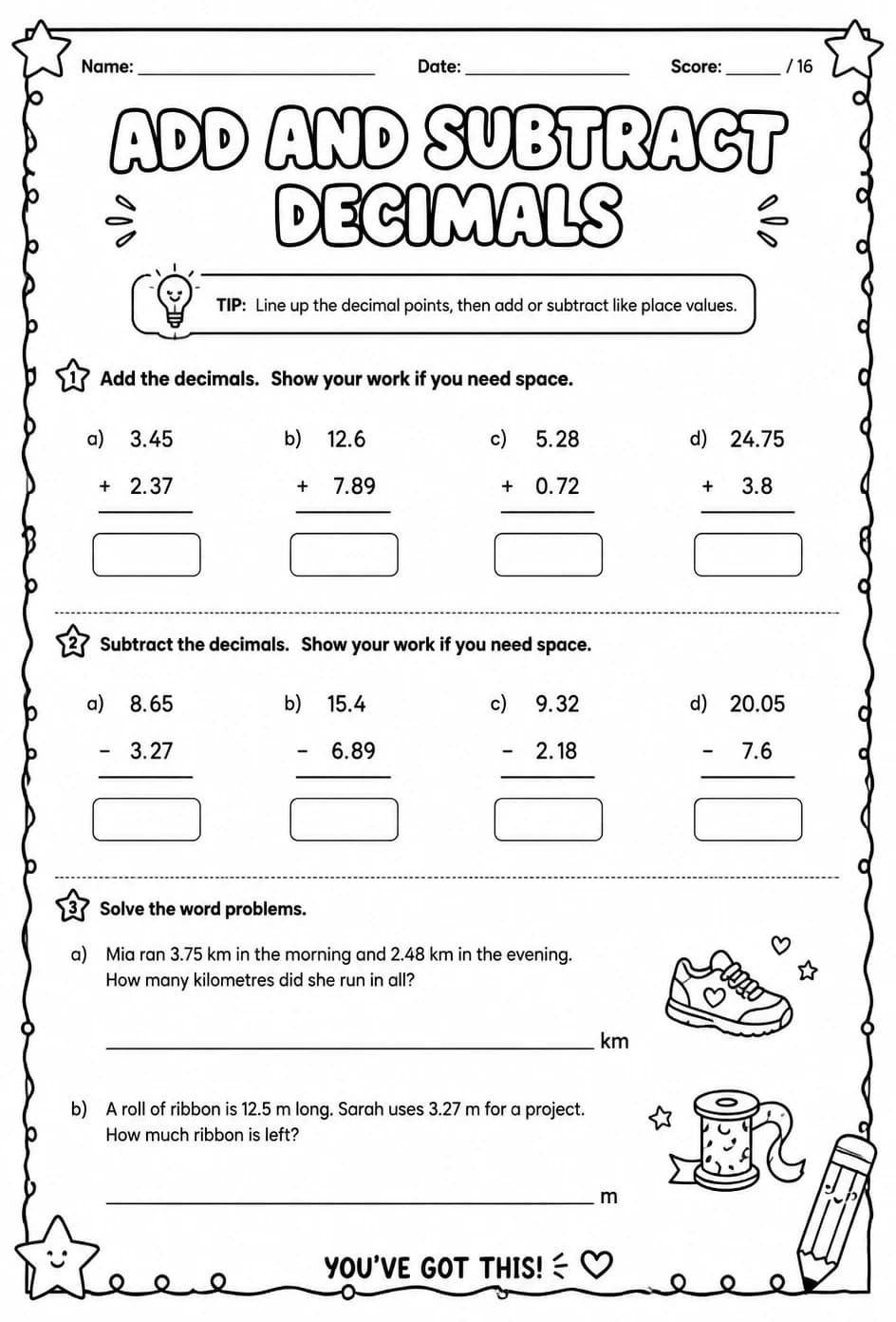 Add and subtract decimals — free printable Grade 7 math worksheet