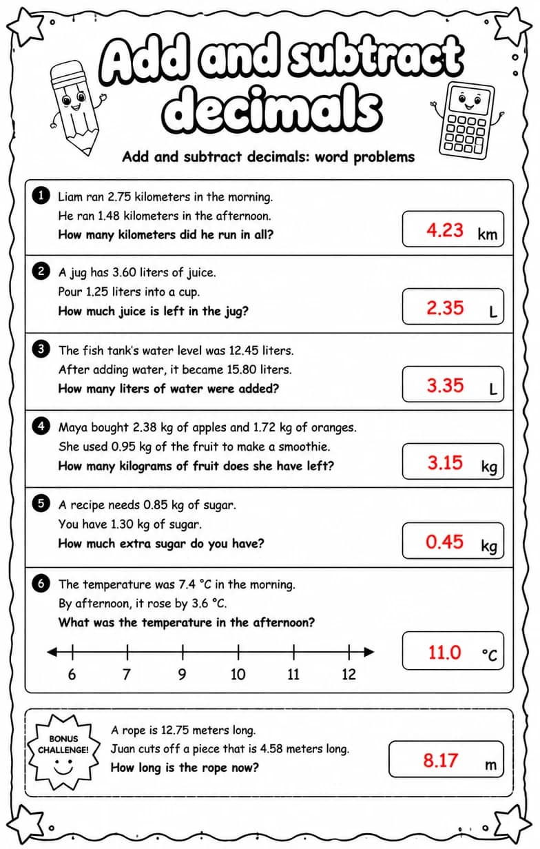 Answer key for Add and subtract decimals: word problems — free printable Math worksheet