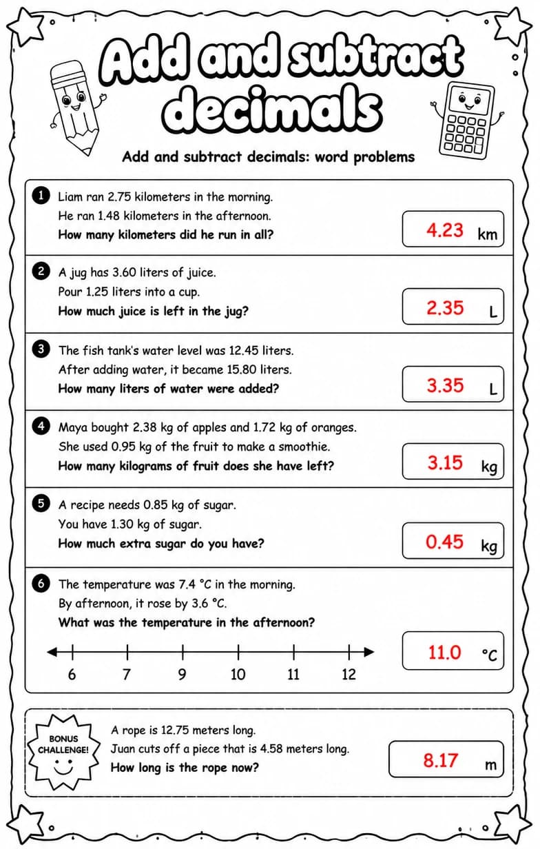 Answer key for Add and subtract decimals: word problems — free printable Math worksheet