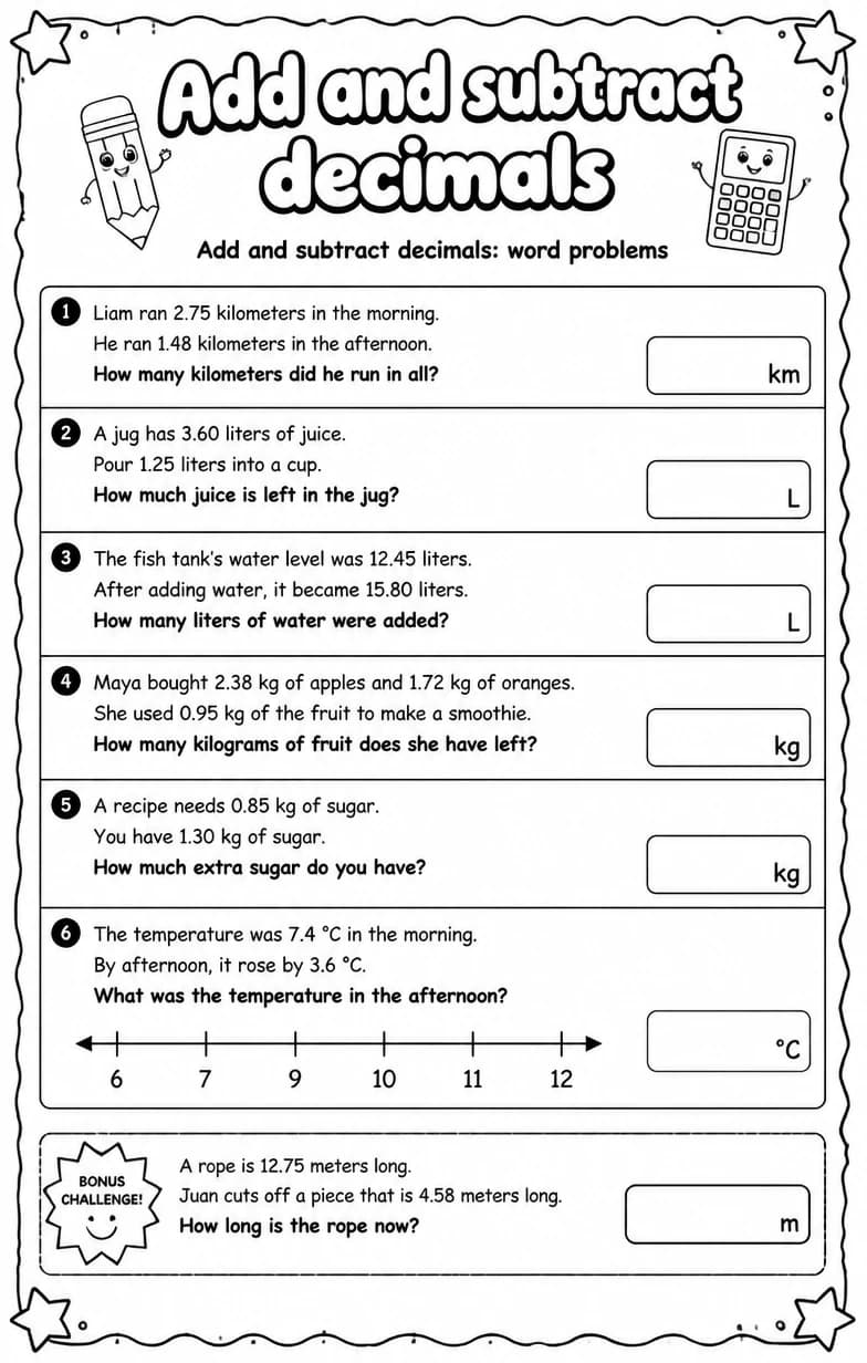 Add and subtract decimals: word problems — free printable Grade 4 Math worksheet