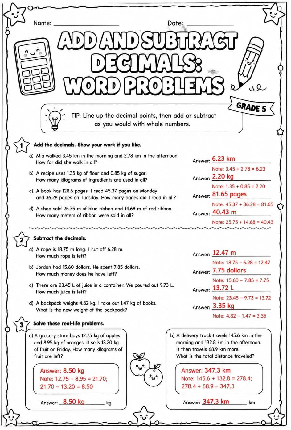 Answer key for Add and subtract decimals: word problems — free printable Math worksheet