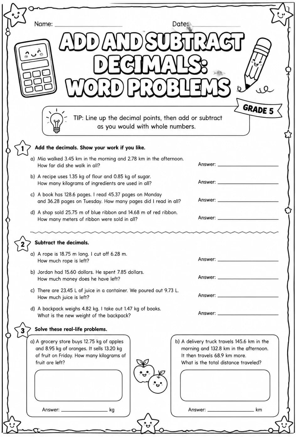 Add and subtract decimals: word problems — free printable Grade 5 math worksheet