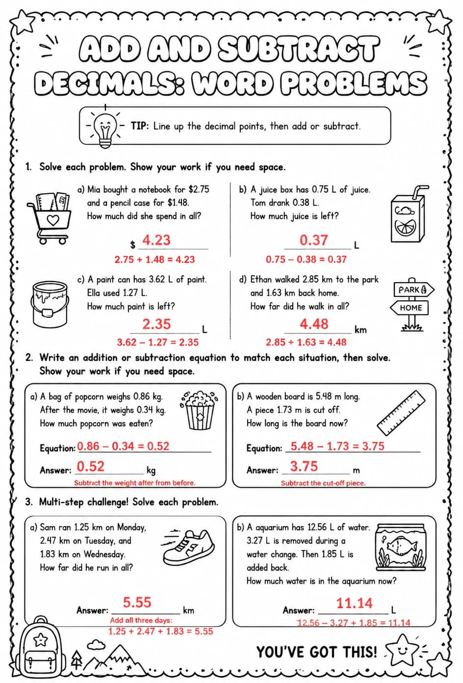Answer key for Add and subtract decimals: word problems — free printable Math worksheet