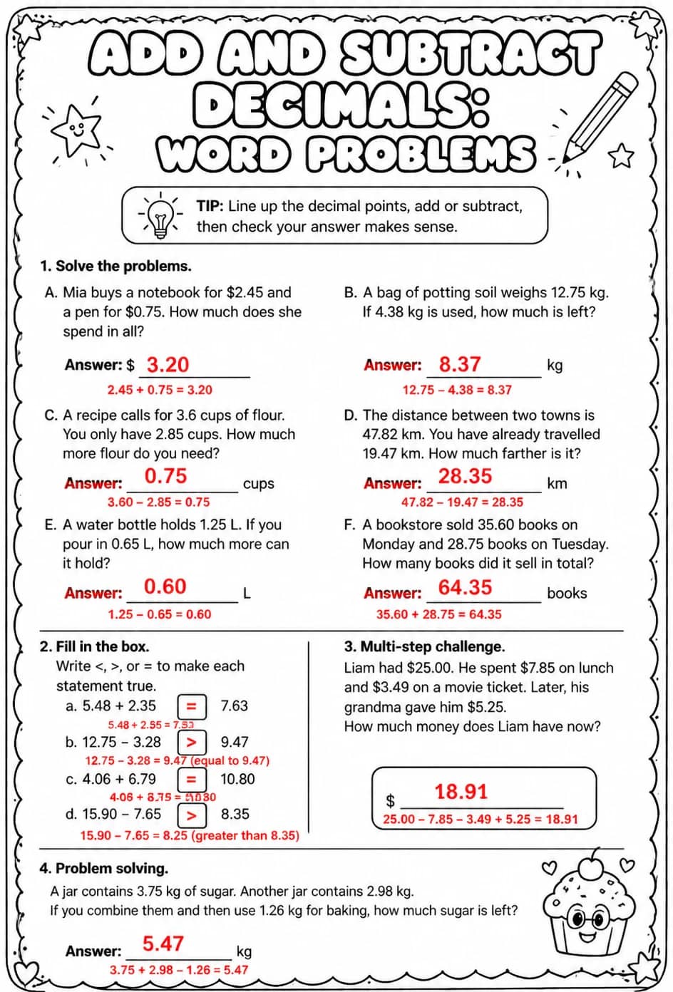 Answer key for Add and subtract decimals: word problems — free printable Math worksheet