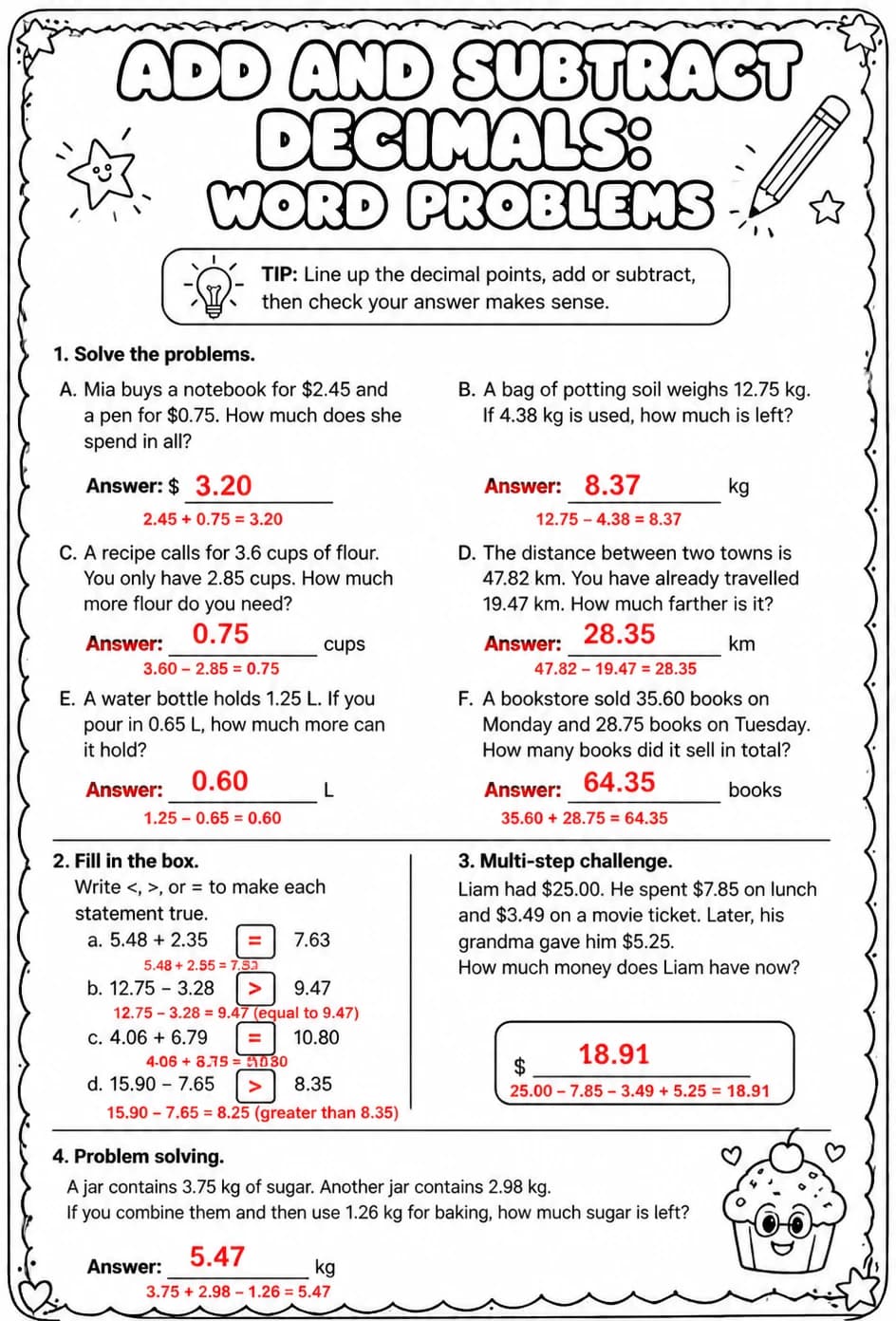 Answer key for Add and subtract decimals: word problems — free printable Math worksheet