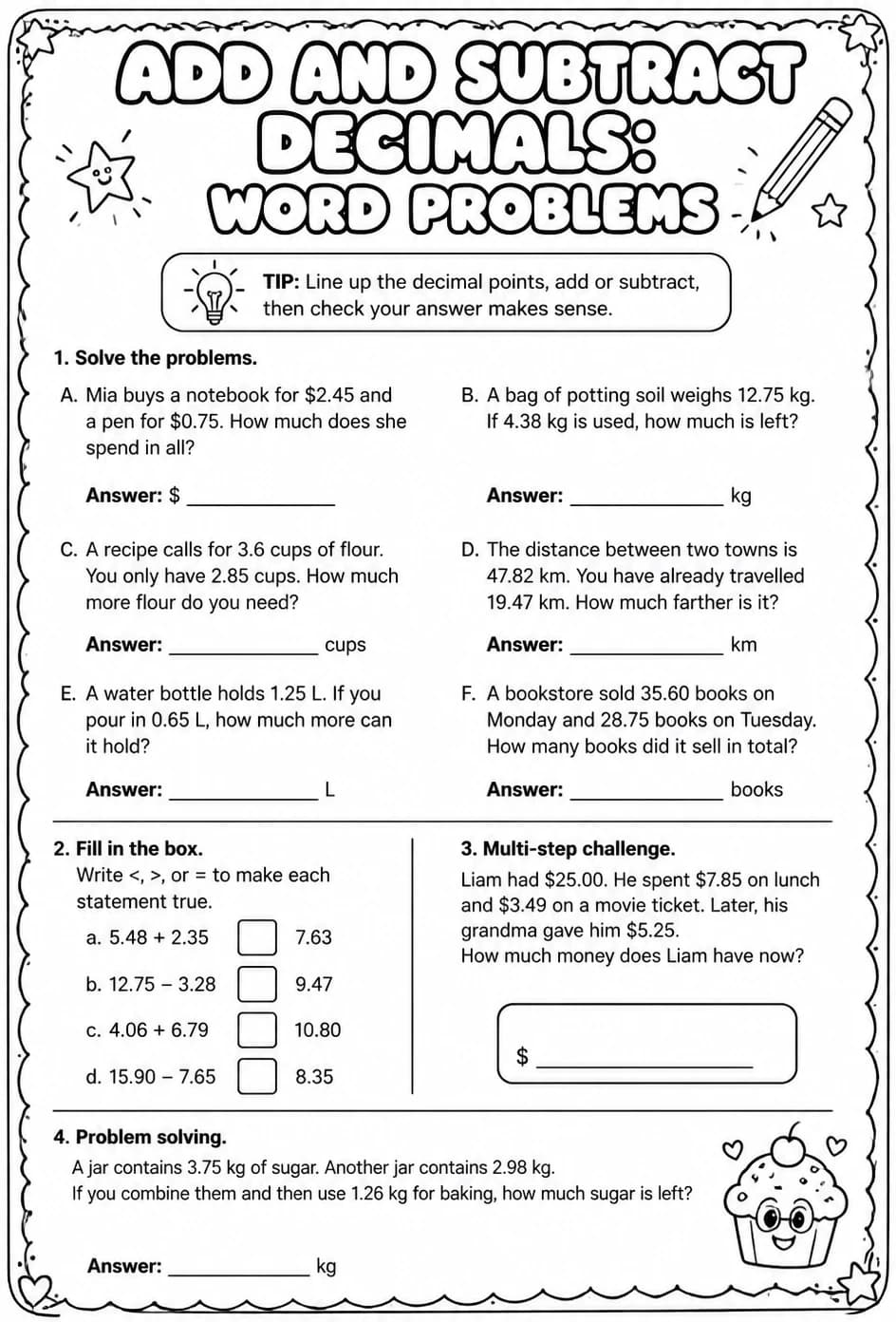 Add and subtract decimals: word problems — free printable Grade 7 math worksheet