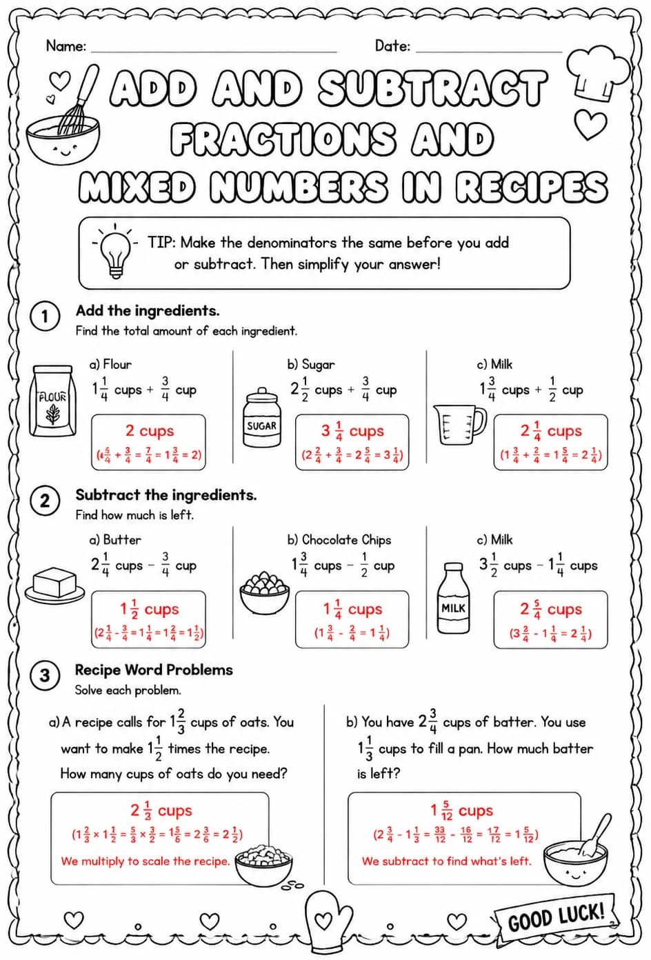 Answer key for Add and subtract fractions and mixed numbers in recipes — free printable Math worksheet
