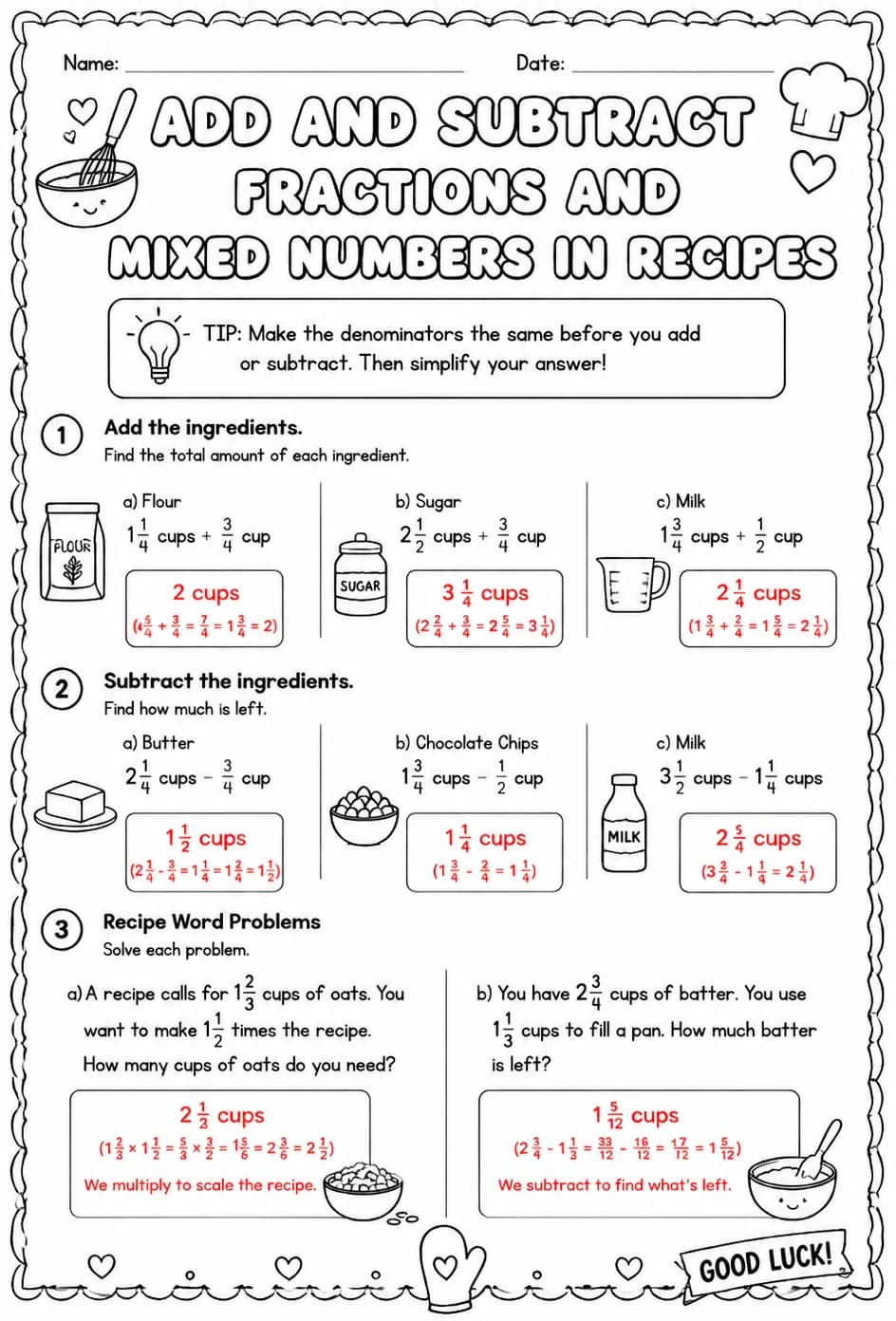Answer key for Add and subtract fractions and mixed numbers in recipes — free printable Math worksheet
