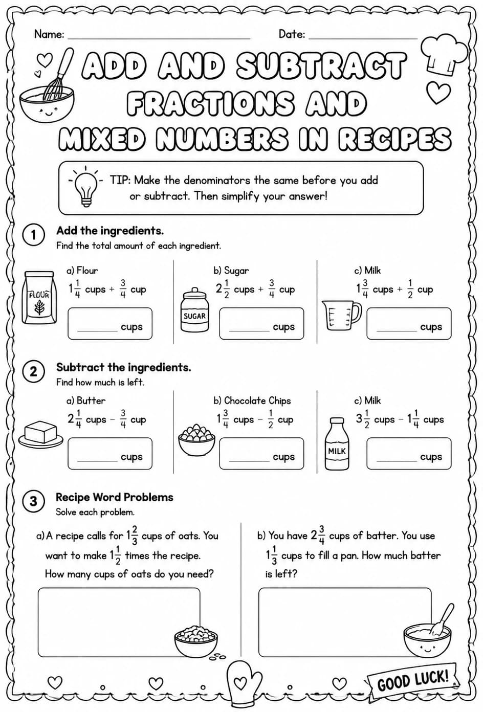 Add and subtract fractions and mixed numbers in recipes — free printable Grade 5 math worksheet