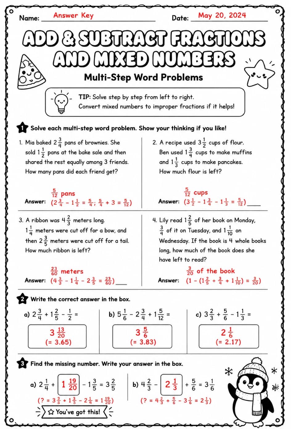 Answer key for Add and subtract fractions and mixed numbers: multi-step word problems — free printable Math worksheet