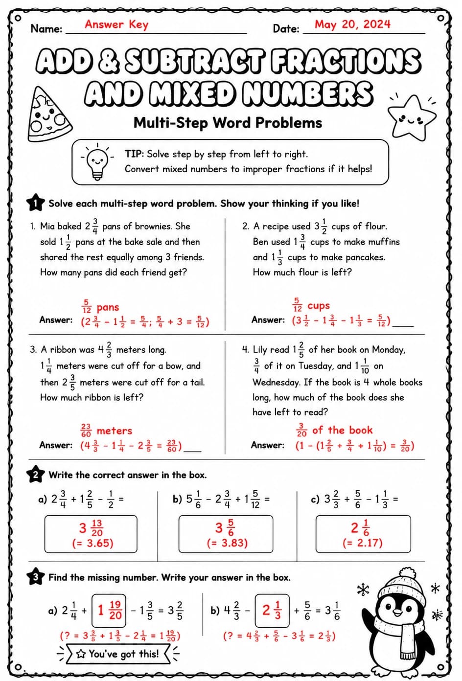 Answer key for Add and subtract fractions and mixed numbers: multi-step word problems — free printable Math worksheet