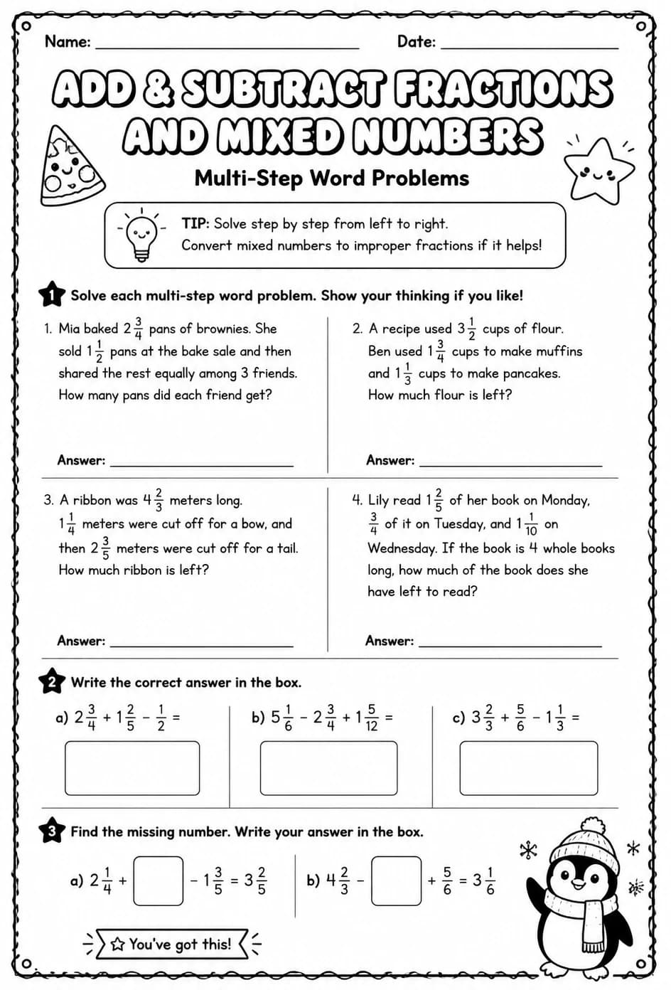 Add and subtract fractions and mixed numbers: multi-step word problems — free printable Grade 5 math worksheet