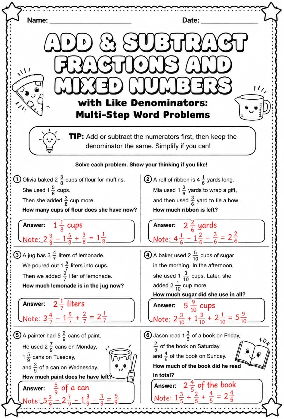 Answer key for Add and subtract fractions and mixed numbers with like denominators: multi-step word problems — free printable Math worksheet