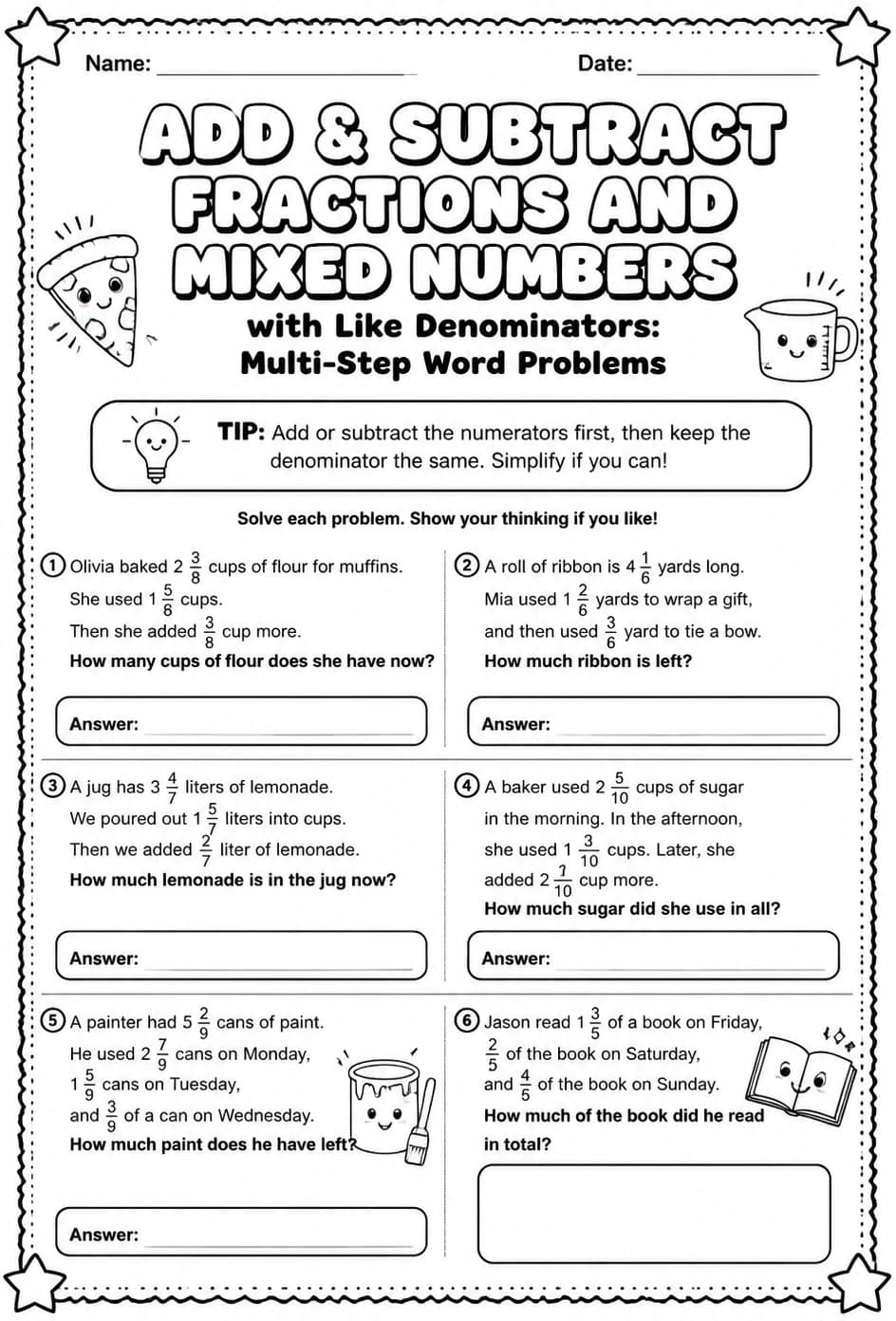 Add and subtract fractions and mixed numbers with like denominators: multi-step word problems — free printable Grade 4 math worksheet